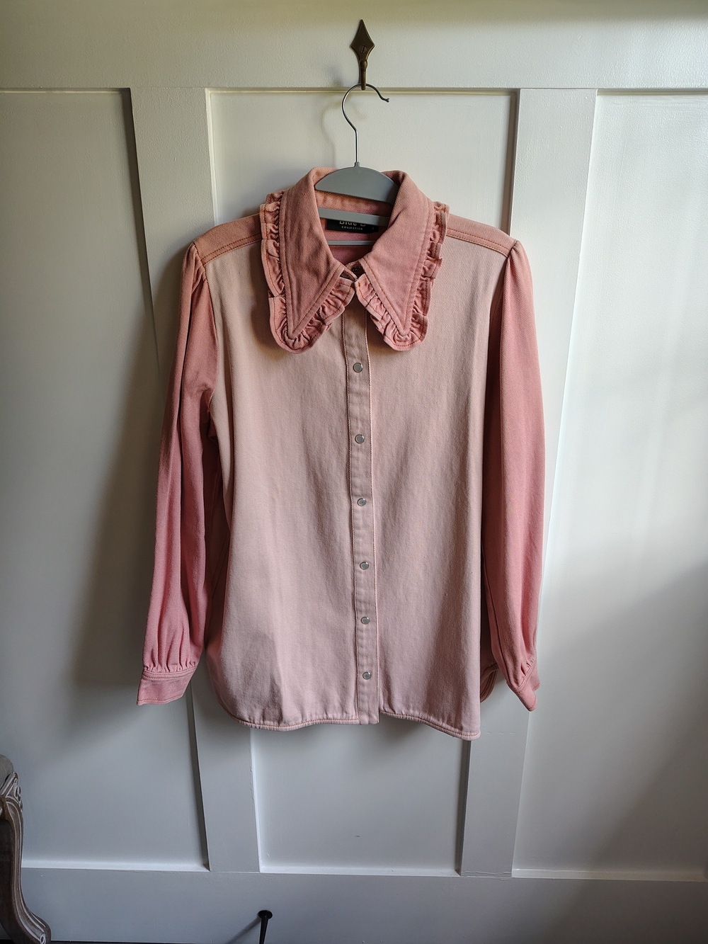 Blue B Ruffled Collar Button-Up Blouse in Blush Pink